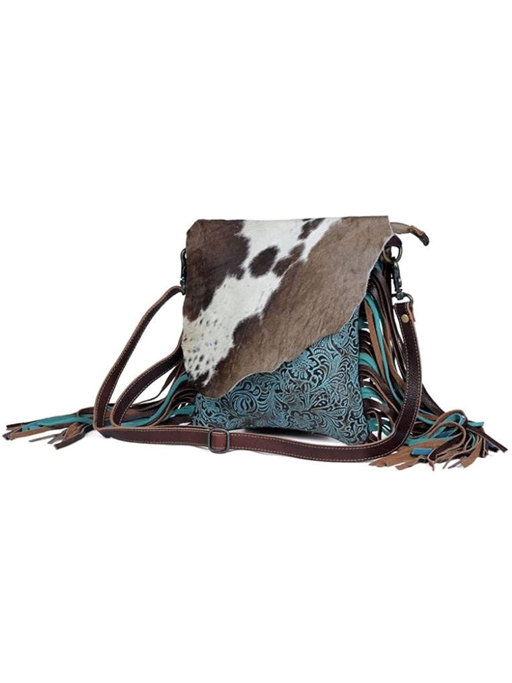 Fringed Tooled Leather Crossbody Bag with Hair-On Hide Flap - White & Brown - Picture 2 of 6